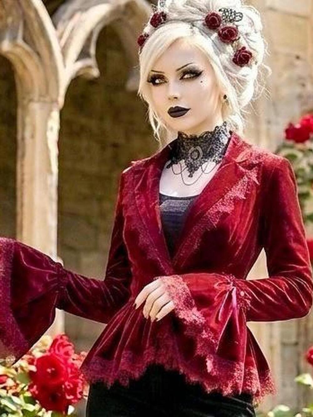Deep Red Velvet Lace Bell Sleeve Peplum Blouse